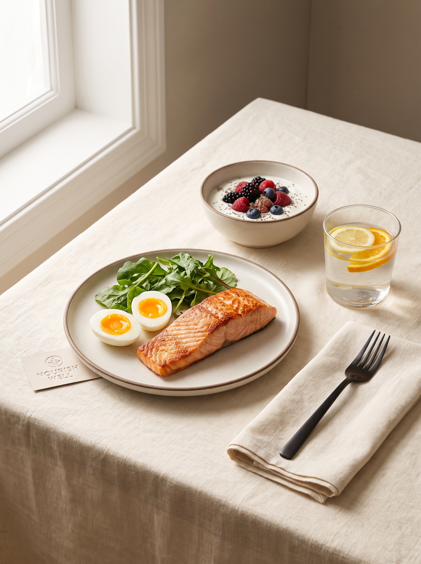 A high-protein meal: salmon, eggs, yogurt with berries and greens in warm light